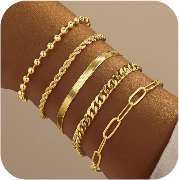 Gold Bracelets for Women,Dainty Bracelets Set for Women Trendy, Gold Bracelets Stack With Beaded, Cuban, Paperclip, Heart, Snake, Rope, Pearl, Cross, Hand Chain, Silver Jewelry Gifts for Women Christmas - Image 46