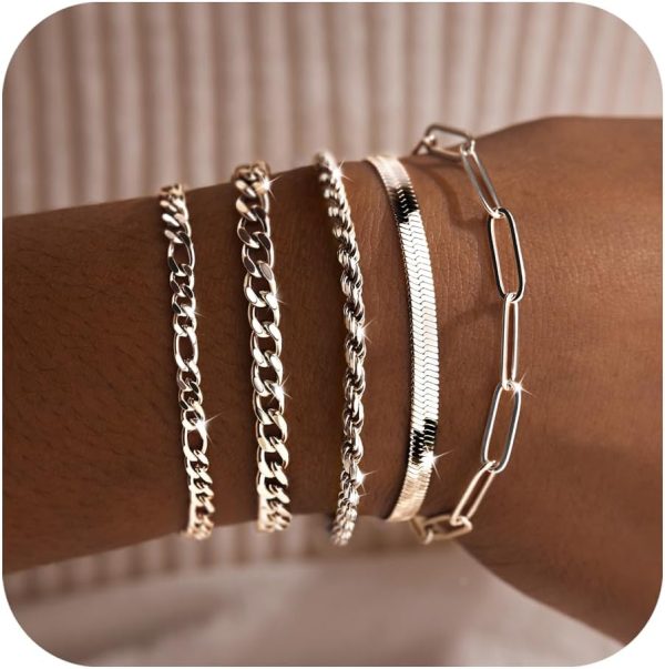 Gold Bracelets for Women,Dainty Bracelets Set for Women Trendy, Gold Bracelets Stack With Beaded, Cuban, Paperclip, Heart, Snake, Rope, Pearl, Cross, Hand Chain, Silver Jewelry Gifts for Women Christmas - Image 53