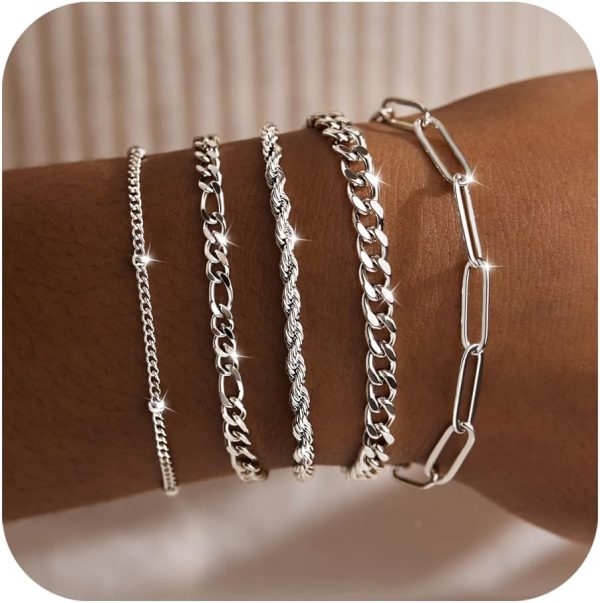 Gold Bracelets for Women,Dainty Bracelets Set for Women Trendy, Gold Bracelets Stack With Beaded, Cuban, Paperclip, Heart, Snake, Rope, Pearl, Cross, Hand Chain, Silver Jewelry Gifts for Women Christmas - Image 90