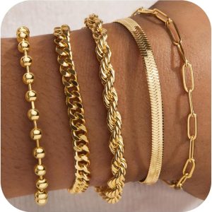 Gold Bracelets for Women,Dainty Bracelets Set for Women Trendy, Gold Bracelets Stack With Beaded, Cuban, Paperclip, Heart, Snake, Rope, Pearl, Cross, Hand Chain, Silver Jewelry Gifts for Women Christmas