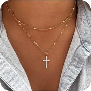 Cross Necklace for Women, Dainty14K Real Gold Silver Plated Cross Choker Pendant Jewelry Non Tarnish Waterproof Trendy Cute Simple Small Necklace Easter Christian Baptism Religious Faith Jewelry Gifts