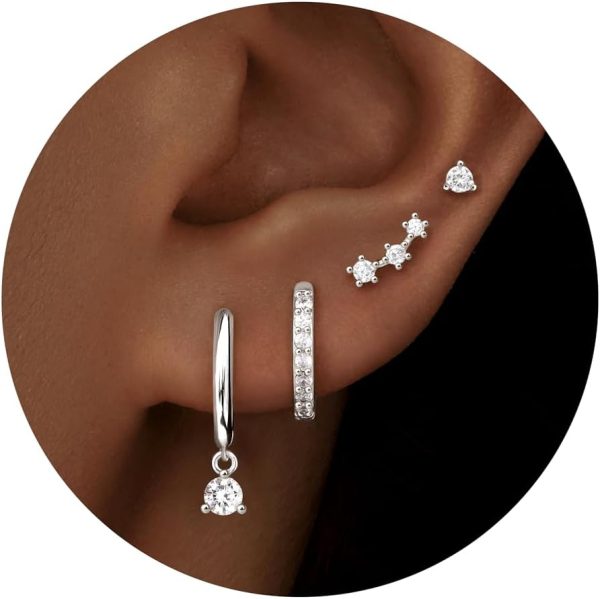4 Pairs Stud Hoop Earrings Set for Women, Trendy Dangle Jacket Huggie Stacks for Multiple Piercing, Hypoallergenic Cartilage Jewelry Gifts - Image 14
