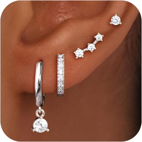 4 Pairs Stud Hoop Earrings Set for Women, Trendy Dangle Jacket Huggie Stacks for Multiple Piercing, Hypoallergenic Cartilage Jewelry Gifts - Image 19