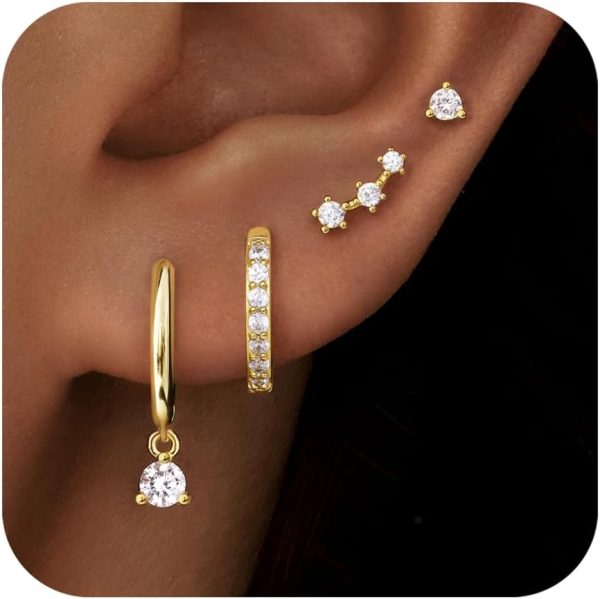 4 Pairs Stud Hoop Earrings Set for Women, Trendy Dangle Jacket Huggie Stacks for Multiple Piercing, Hypoallergenic Cartilage Jewelry Gifts - Image 24