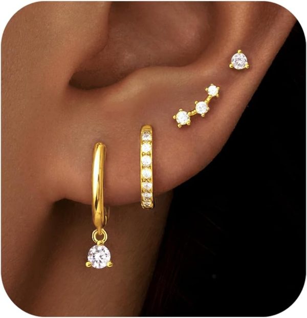 4 Pairs Stud Hoop Earrings Set for Women, Trendy Dangle Jacket Huggie Stacks for Multiple Piercing, Hypoallergenic Cartilage Jewelry Gifts - Image 31