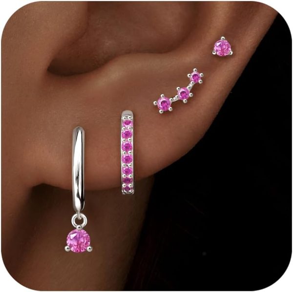 4 Pairs Stud Hoop Earrings Set for Women, Trendy Dangle Jacket Huggie Stacks for Multiple Piercing, Hypoallergenic Cartilage Jewelry Gifts - Image 32