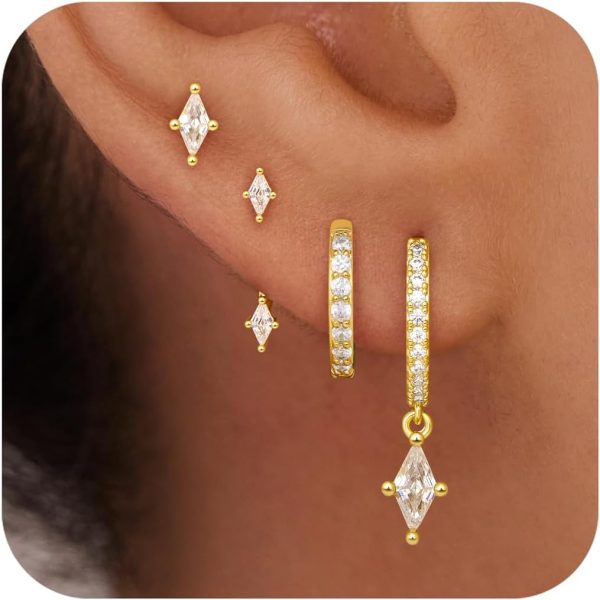 4 Pairs Stud Hoop Earrings Set for Women, Trendy Dangle Jacket Huggie Stacks for Multiple Piercing, Hypoallergenic Cartilage Jewelry Gifts - Image 68
