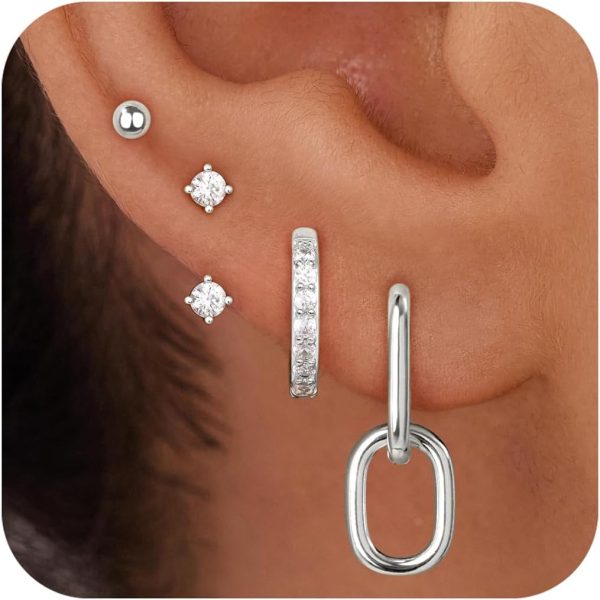 4 Pairs Stud Hoop Earrings Set for Women, Trendy Dangle Jacket Huggie Stacks for Multiple Piercing, Hypoallergenic Cartilage Jewelry Gifts - Image 76