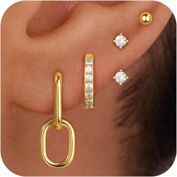 4 Pairs Stud Hoop Earrings Set for Women, Trendy Dangle Jacket Huggie Stacks for Multiple Piercing, Hypoallergenic Cartilage Jewelry Gifts - Image 95