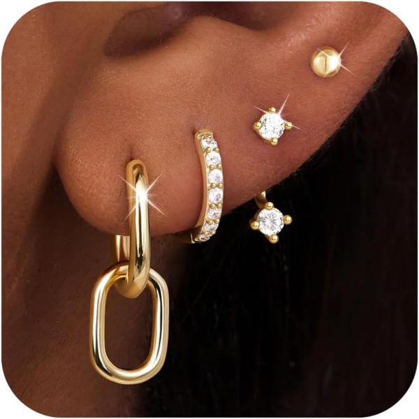 4 Pairs Stud Hoop Earrings Set for Women, Trendy Dangle Jacket Huggie Stacks for Multiple Piercing, Hypoallergenic Cartilage Jewelry Gifts - Image 102