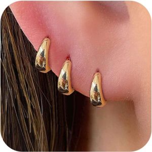 Hoop Earrings for Women Hypoallergenic Chunky 14K Real Gold Plated Huggie Cartilage Drop Earrings Set for Multiple Piercing Cute Trendy Lightweight Jewelry