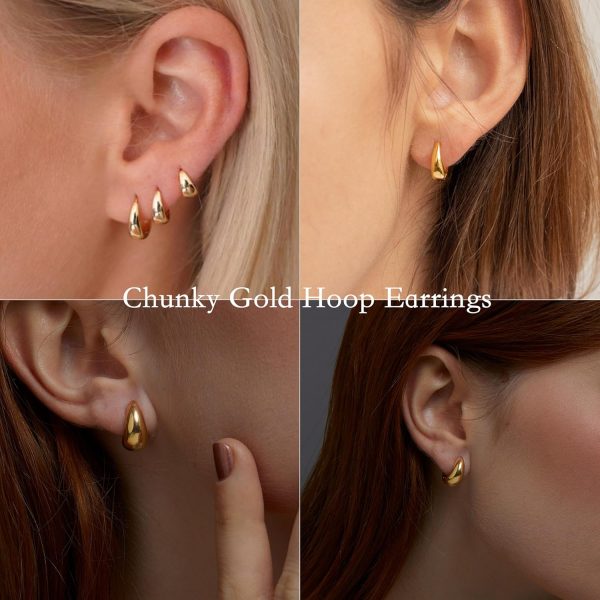 Hoop Earrings for Women Hypoallergenic Chunky 14K Real Gold Plated Huggie Cartilage Drop Earrings Set for Multiple Piercing Cute Trendy Lightweight Jewelry - Image 4