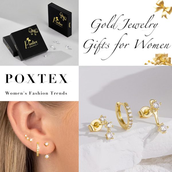 Gold Stud Earrings Set for Women, 3 Pairs Huggie Hoop Jacket Studs Earring Stacks, Hypoallergenic 925 Sterling Silver Post Dainty Birthstone Trendy Women Fashion Accessories Jewelry Gifts - Image 2