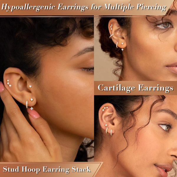 Gold Stud Earrings Set for Women, 3 Pairs Huggie Hoop Jacket Studs Earring Stacks, Hypoallergenic 925 Sterling Silver Post Dainty Birthstone Trendy Women Fashion Accessories Jewelry Gifts - Image 5