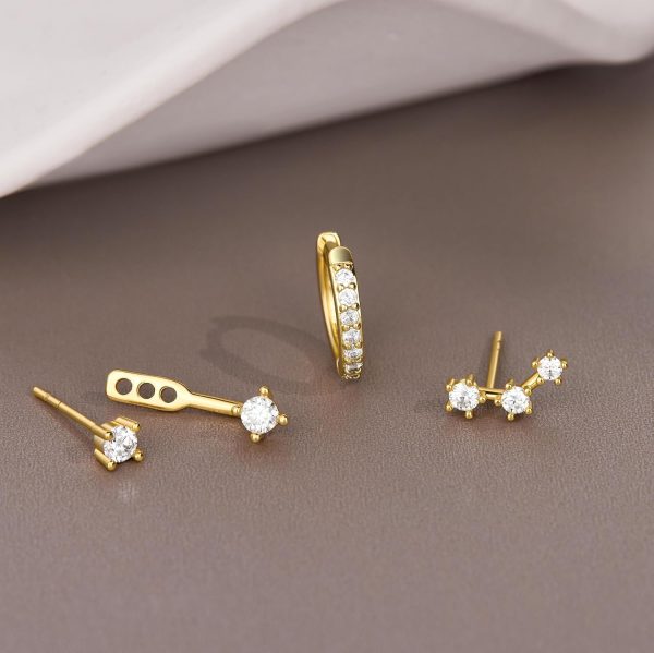 Gold Stud Earrings Set for Women, 3 Pairs Huggie Hoop Jacket Studs Earring Stacks, Hypoallergenic 925 Sterling Silver Post Dainty Birthstone Trendy Women Fashion Accessories Jewelry Gifts - Image 6