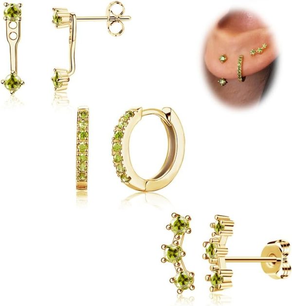 Gold Stud Earrings Set for Women, 3 Pairs Huggie Hoop Jacket Studs Earring Stacks, Hypoallergenic 925 Sterling Silver Post Dainty Birthstone Trendy Women Fashion Accessories Jewelry Gifts - Image 41
