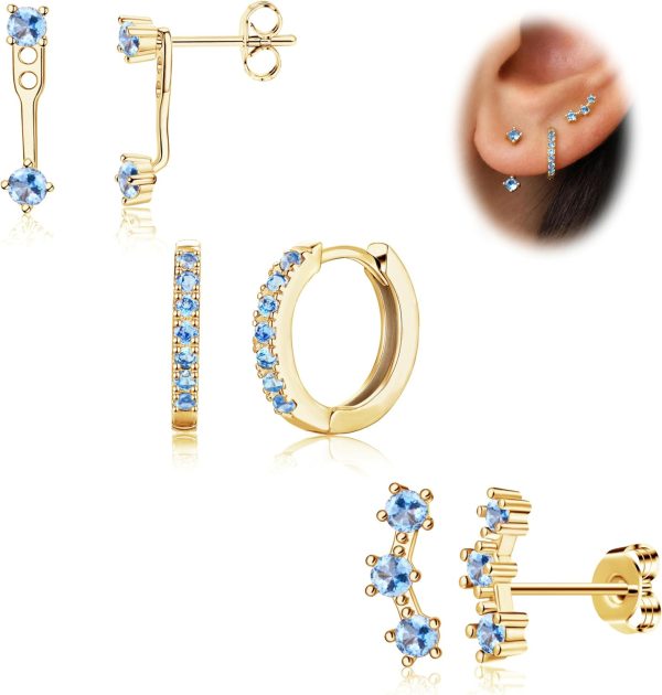 Gold Stud Earrings Set for Women, 3 Pairs Huggie Hoop Jacket Studs Earring Stacks, Hypoallergenic 925 Sterling Silver Post Dainty Birthstone Trendy Women Fashion Accessories Jewelry Gifts - Image 46