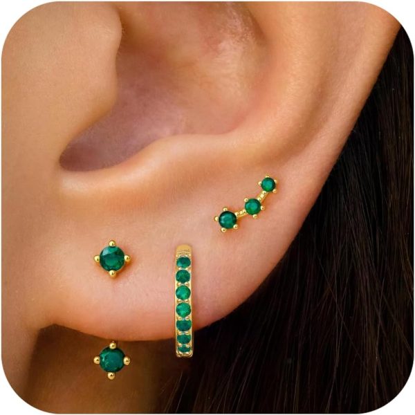 Gold Stud Earrings Set for Women, 3 Pairs Huggie Hoop Jacket Studs Earring Stacks, Hypoallergenic 925 Sterling Silver Post Dainty Birthstone Trendy Women Fashion Accessories Jewelry Gifts - Image 47