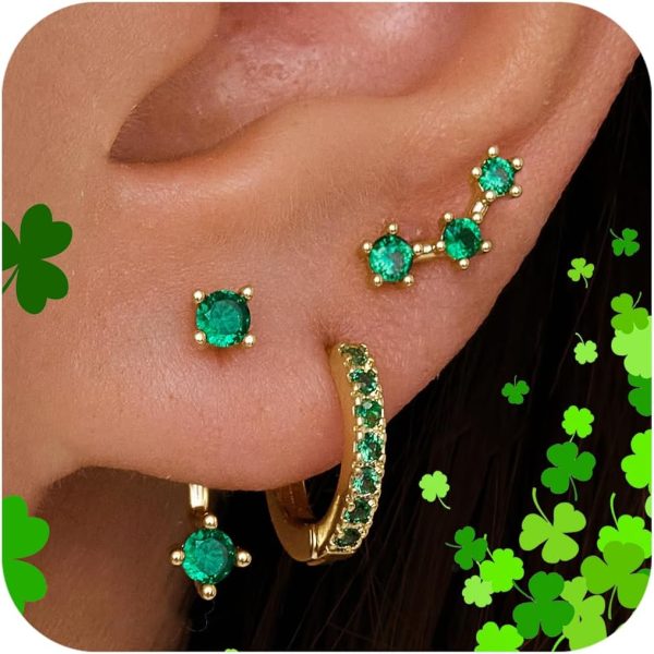 Gold Stud Earrings Set for Women, 3 Pairs Huggie Hoop Jacket Studs Earring Stacks, Hypoallergenic 925 Sterling Silver Post Dainty Birthstone Trendy Women Fashion Accessories Jewelry Gifts - Image 54