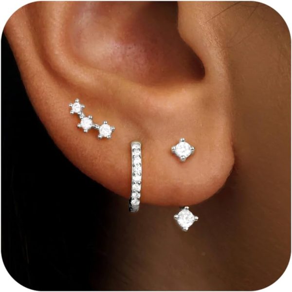 Gold Stud Earrings Set for Women, 3 Pairs Huggie Hoop Jacket Studs Earring Stacks, Hypoallergenic 925 Sterling Silver Post Dainty Birthstone Trendy Women Fashion Accessories Jewelry Gifts - Image 55