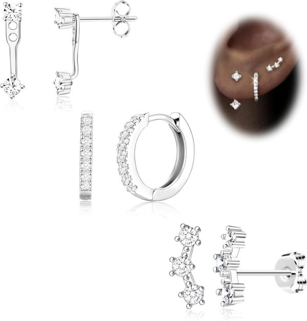 Gold Stud Earrings Set for Women, 3 Pairs Huggie Hoop Jacket Studs Earring Stacks, Hypoallergenic 925 Sterling Silver Post Dainty Birthstone Trendy Women Fashion Accessories Jewelry Gifts - Image 60