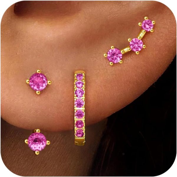 Gold Stud Earrings Set for Women, 3 Pairs Huggie Hoop Jacket Studs Earring Stacks, Hypoallergenic 925 Sterling Silver Post Dainty Birthstone Trendy Women Fashion Accessories Jewelry Gifts - Image 62