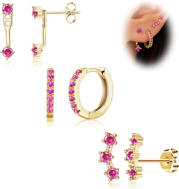 Gold Stud Earrings Set for Women, 3 Pairs Huggie Hoop Jacket Studs Earring Stacks, Hypoallergenic 925 Sterling Silver Post Dainty Birthstone Trendy Women Fashion Accessories Jewelry Gifts - Image 67