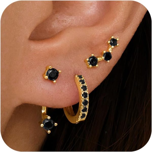 Gold Stud Earrings Set for Women, 3 Pairs Huggie Hoop Jacket Studs Earring Stacks, Hypoallergenic 925 Sterling Silver Post Dainty Birthstone Trendy Women Fashion Accessories Jewelry Gifts - Image 76