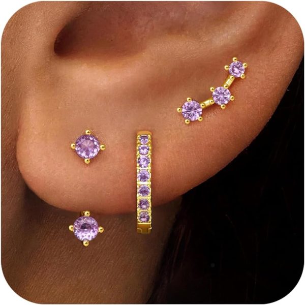 Gold Stud Earrings Set for Women, 3 Pairs Huggie Hoop Jacket Studs Earring Stacks, Hypoallergenic 925 Sterling Silver Post Dainty Birthstone Trendy Women Fashion Accessories Jewelry Gifts - Image 97