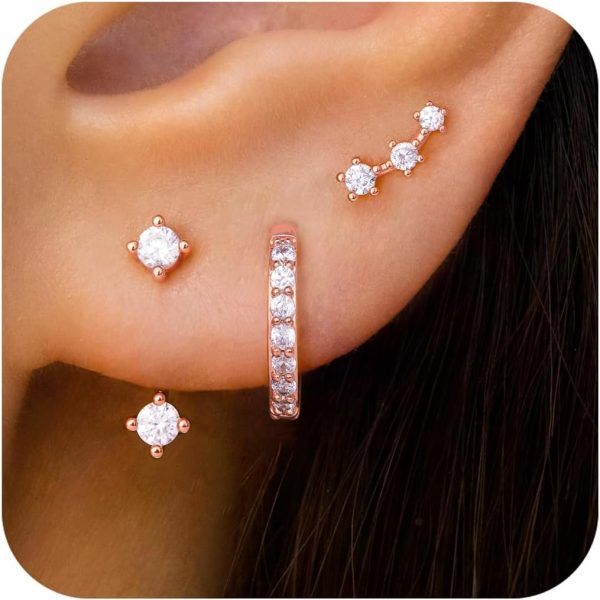 Gold Stud Earrings Set for Women, 3 Pairs Huggie Hoop Jacket Studs Earring Stacks, Hypoallergenic 925 Sterling Silver Post Dainty Birthstone Trendy Women Fashion Accessories Jewelry Gifts - Image 101