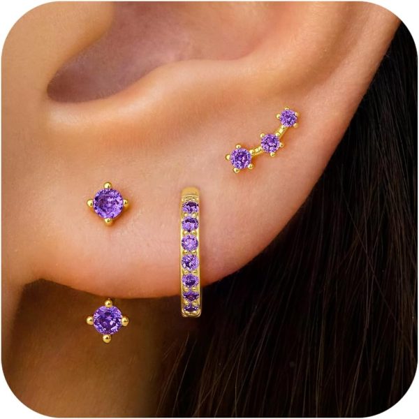 Gold Stud Earrings Set for Women, 3 Pairs Huggie Hoop Jacket Studs Earring Stacks, Hypoallergenic 925 Sterling Silver Post Dainty Birthstone Trendy Women Fashion Accessories Jewelry Gifts - Image 114