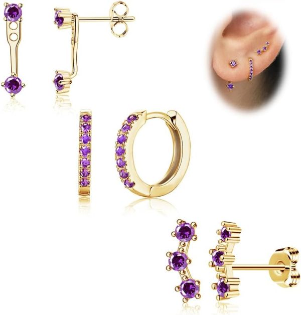 Gold Stud Earrings Set for Women, 3 Pairs Huggie Hoop Jacket Studs Earring Stacks, Hypoallergenic 925 Sterling Silver Post Dainty Birthstone Trendy Women Fashion Accessories Jewelry Gifts - Image 119