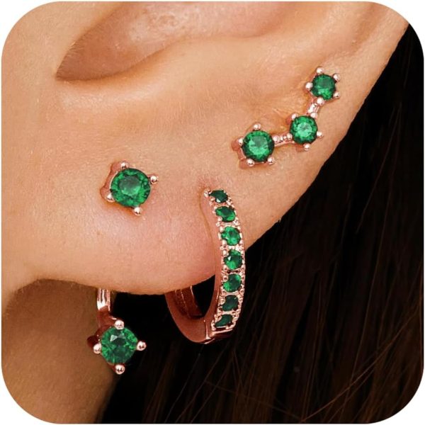 Gold Stud Earrings Set for Women, 3 Pairs Huggie Hoop Jacket Studs Earring Stacks, Hypoallergenic 925 Sterling Silver Post Dainty Birthstone Trendy Women Fashion Accessories Jewelry Gifts - Image 120