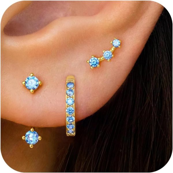 Gold Stud Earrings Set for Women, 3 Pairs Huggie Hoop Jacket Studs Earring Stacks, Hypoallergenic 925 Sterling Silver Post Dainty Birthstone Trendy Women Fashion Accessories Jewelry Gifts - Image 175