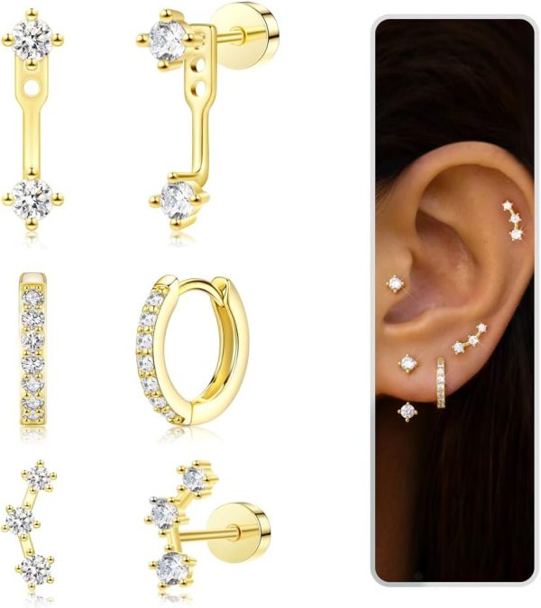 Gold Stud Earrings Set for Women, 3 Pairs Huggie Hoop Jacket Studs Earring Stacks, Hypoallergenic 925 Sterling Silver Post Dainty Birthstone Trendy Women Fashion Accessories Jewelry Gifts - Image 181