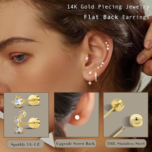 Gold Stud Earrings Set for Women, 3 Pairs Huggie Hoop Jacket Studs Earring Stacks, Hypoallergenic 925 Sterling Silver Post Dainty Birthstone Trendy Women Fashion Accessories Jewelry Gifts - Image 182