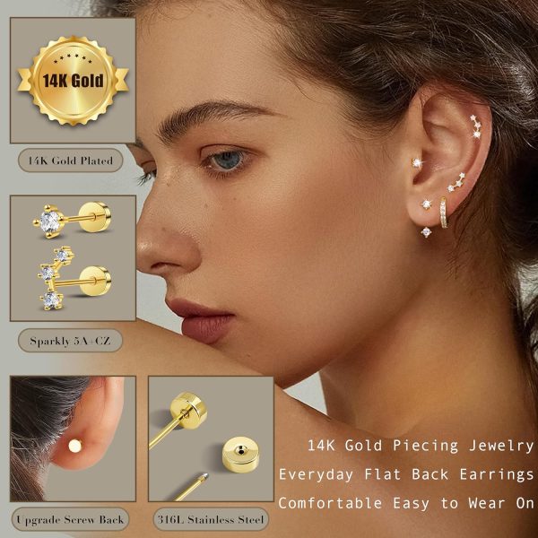 Gold Stud Earrings Set for Women, 3 Pairs Huggie Hoop Jacket Studs Earring Stacks, Hypoallergenic 925 Sterling Silver Post Dainty Birthstone Trendy Women Fashion Accessories Jewelry Gifts - Image 186