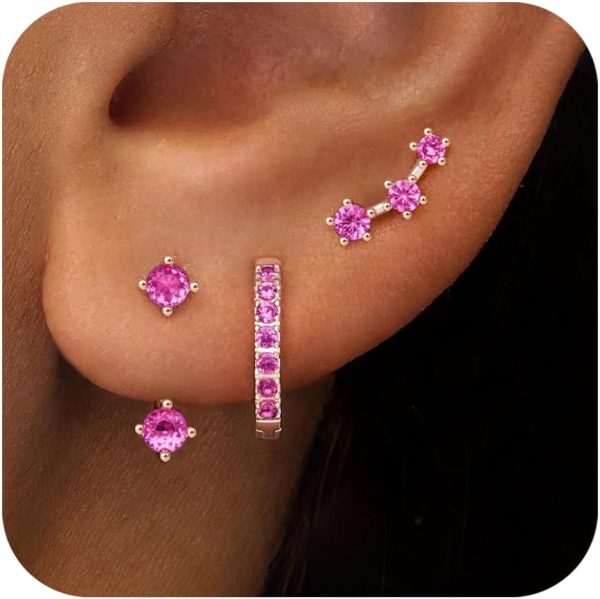 Gold Stud Earrings Set for Women, 3 Pairs Huggie Hoop Jacket Studs Earring Stacks, Hypoallergenic 925 Sterling Silver Post Dainty Birthstone Trendy Women Fashion Accessories Jewelry Gifts - Image 212