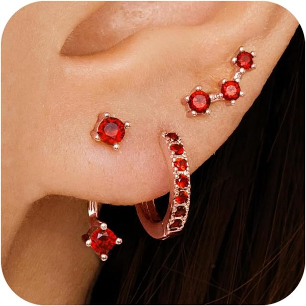 Gold Stud Earrings Set for Women, 3 Pairs Huggie Hoop Jacket Studs Earring Stacks, Hypoallergenic 925 Sterling Silver Post Dainty Birthstone Trendy Women Fashion Accessories Jewelry Gifts - Image 222